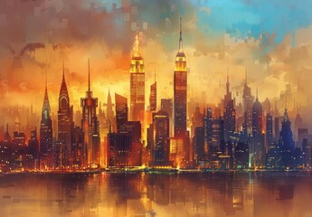 Obraz premium Iconic skylines captured through paintings of famous cities worldwide, highlighting landmarks, skyscrapers, and unique architecture like New York, Paris, Tokyo, and Dubai.