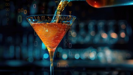 futuristic cocktail with digital data patterns illuminating the drink, blending technology and mixology