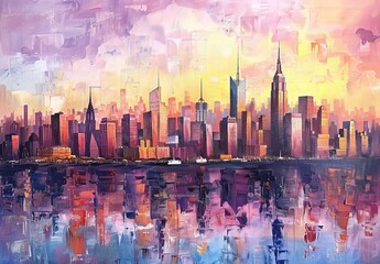 Iconic skylines captured through paintings of famous cities worldwide, highlighting landmarks, skyscrapers, and unique architecture like New York, Paris, Tokyo, and Dubai.