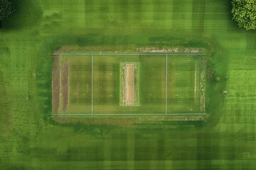 Aerial view of empty cricket pitch with square and wedge lines