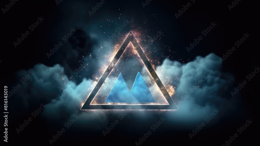 Poster a triangle portal with clouds and cosmic backdrop. surreal digital art concept for mystery, fantasy,