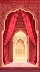 illustration of traditional indian archway with red curtains and intricate architecture, elegant backdrop for wedding and cultural event design