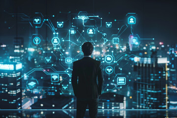 A man in a suit is looking at a computer screen