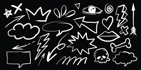 A set of doodles. Hand-drawn cute cartoon pencil sketches of decorative icons. Vector illustration.