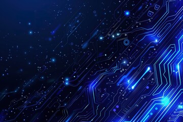 Blue background with a circuit board pattern and technology concept vector illustration in a flat design style