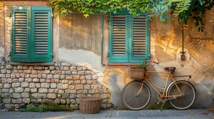 Charming Italian lifestyle scene, vintage bicycle with wicker basket leaning on stucco wall of rustic house