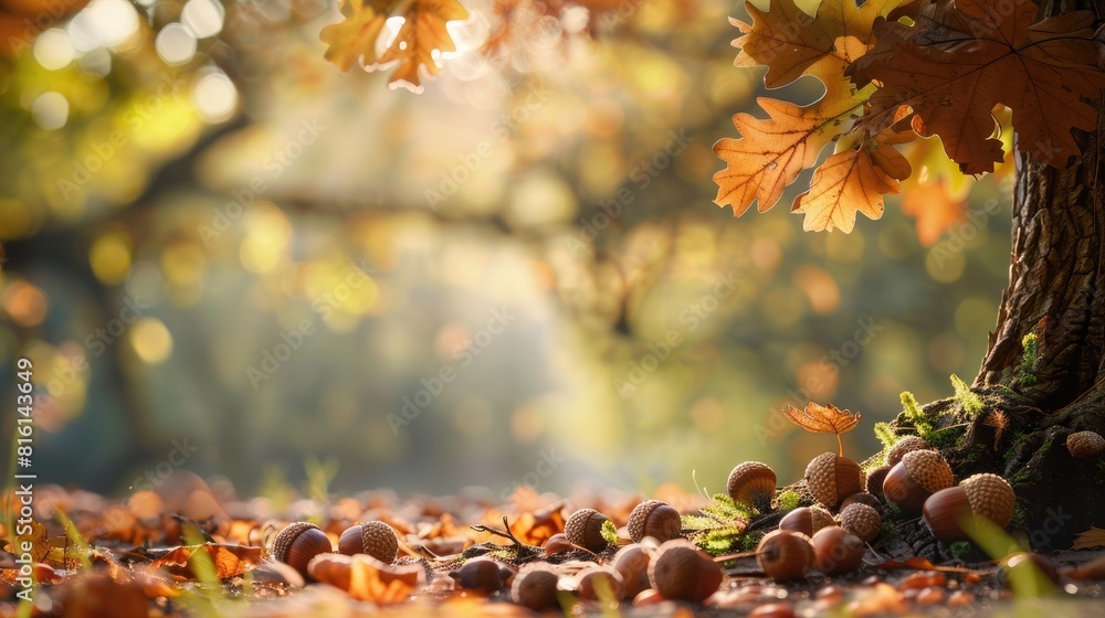 Poster oak tree in the woods with acorns and leaves on a blurred backdrop empty space wide view