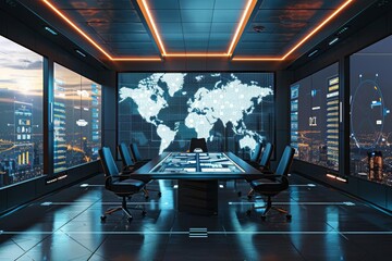 Ultramodern situation room with layered digital interfaces, tracking global events and trends, designed for decisionmaking and crisis management