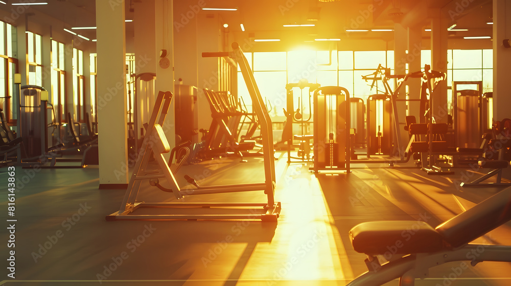 Poster sunshine fitness and empty gym for exercise workout and training sunlight room and a club for sports