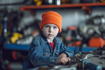 Serious young apprentice in denim jacket and orange hat concentrating on learning practical skills in a metalwork workshop with handson education and vocational training for future trade