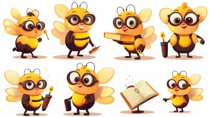 Cartoon bees are shown being busy with different props like pencils, books, and brooms, exuding a sense of activity and fun