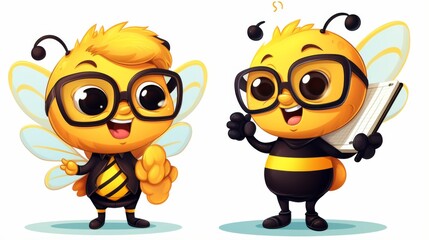 These digital illustrations depict cute bees with glasses clutching books, perfect for themes like intelligence and scholastic pursuits