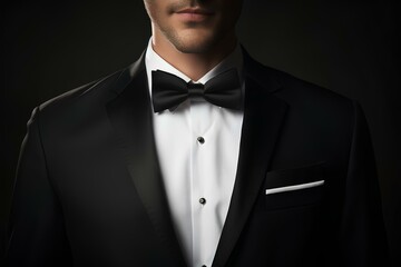 A man in a tailcoat on a black background, close-up. Businessman in a formal suit in a white shirt and bow tie.
