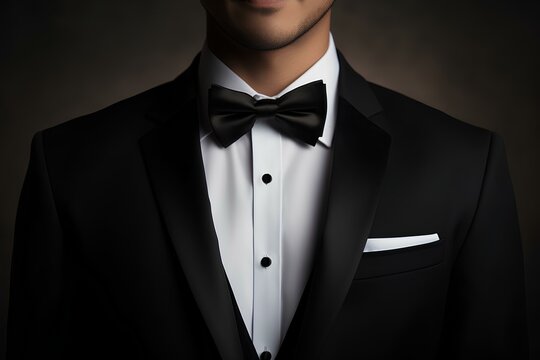 A man in a tailcoat on a black background, close-up. Businessman in a formal suit in a white shirt and bow tie.