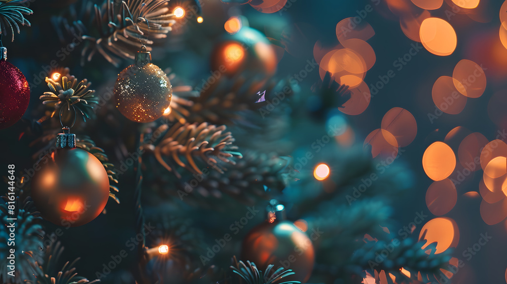 Poster christmas minimal background a christmas tree decorated with balls on a background of blurry bokeh l