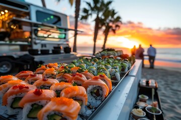 An opulent beachside celebration with food trucks offering a curated menu of gourmet delights such as sushi platters and gourmet sliders
