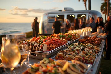 An opulent beachside feast with food trucks offering extravagant dishes like lobster tacos 