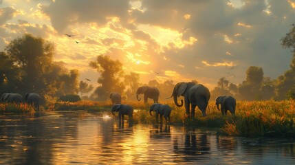Nature documentary, elephants at a watering hole, African savanna, herd with playing calves, soft...