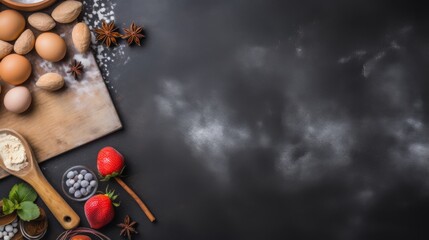 Ingredients for baking including eggs, spices, and berries creatively displayed on a black background with a rustic touch