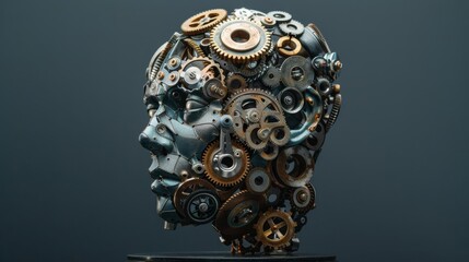 Modernist sculpture of a head made from gears and mechanical parts, exploring the theme of technology as an extension of human faculties