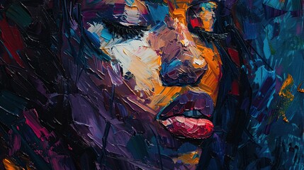 Fragment Oil portrait painting in multicolored tones. Abstract picture of a beautiful woman.