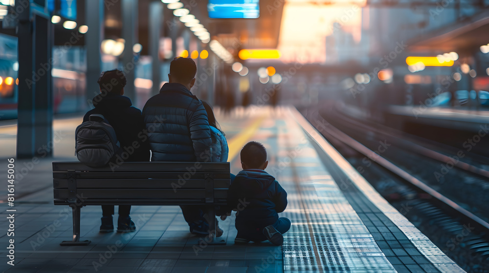 Poster a family of three waiting on an empty railway platform for the arrival of a train : Generative AI
