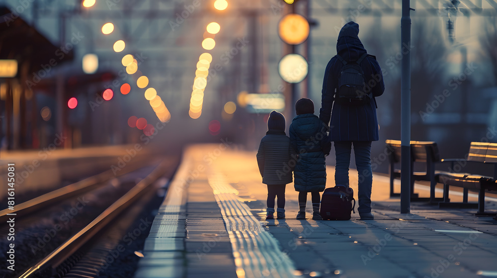 Aufkleber a family of three waiting on an empty railway platform for the arrival of a train : Generative AI