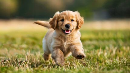 Golden retriever puppy running in grass