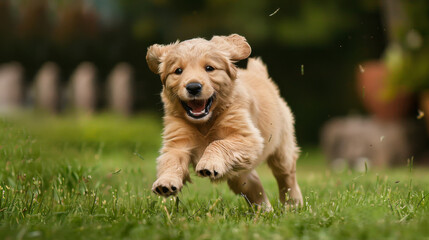 Golden retriever puppy running in grass