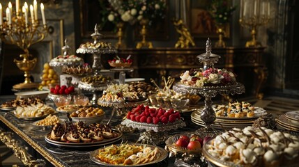 Extravagant Wedding Feast Showcasing an Artful Culinary Presentation in a Grand Marble Hall