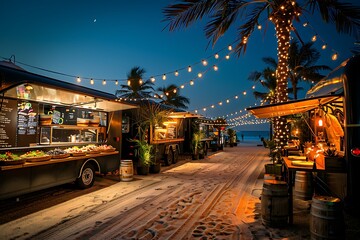 A lavish beachside  with food trucks converted into elegant dining spaces, offering a curated menu...