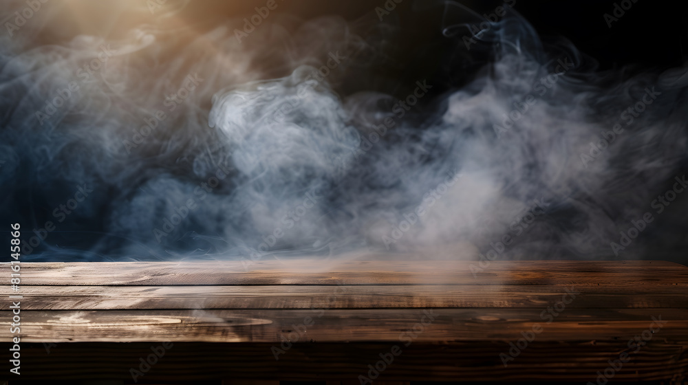 Poster empty wooden table with smoke float up on dark background : Generative AI