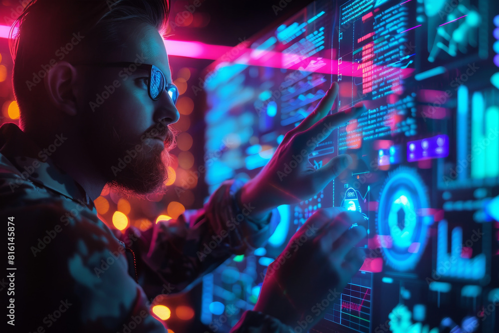 Poster a man is looking at a computer screen with a purple light behind him