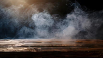 empty wooden table with smoke float up on dark background : Generative AI
