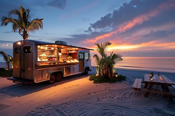 A sophisticated beachside dining experience with food trucks offering a refined menu of gourmet...