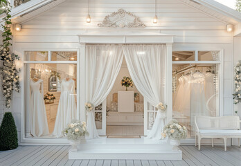 Local bridal salon exterior with large display windows draped in semi-sheer curtains showcasing wedding gowns. Rustic charm