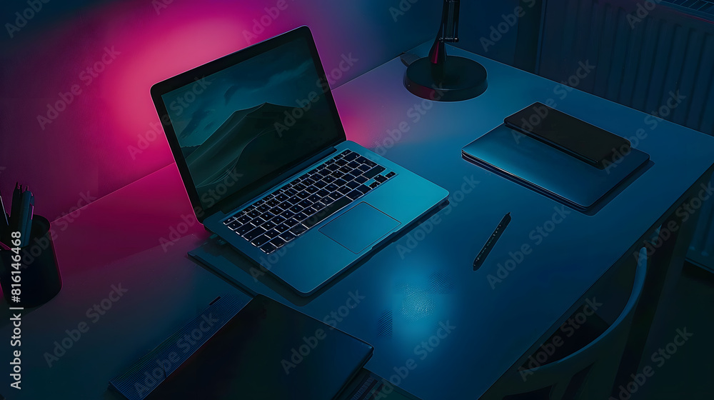 Poster laptop computer with screen and stationery on dark table : Generative AI