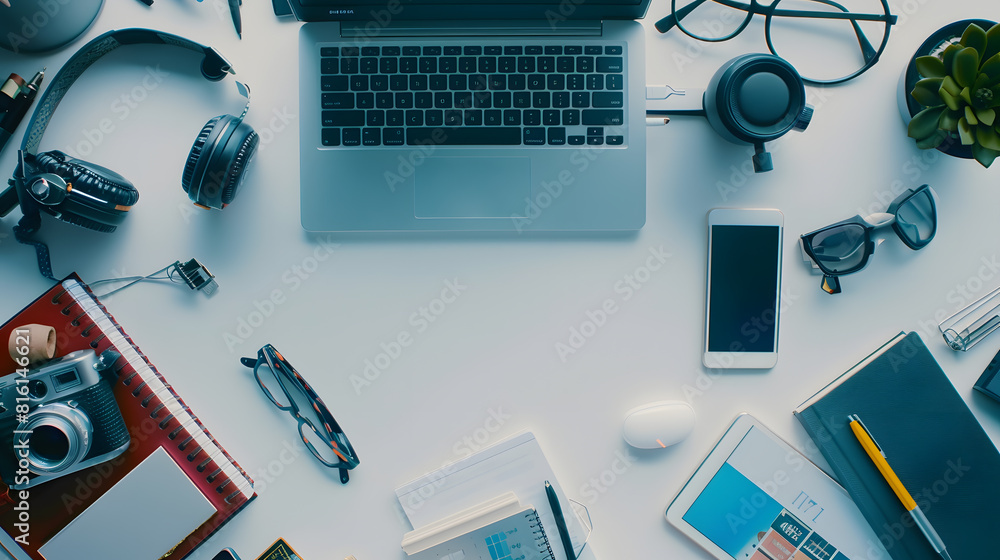 Aufkleber top view with copy space of office desk with accessories : generative ai