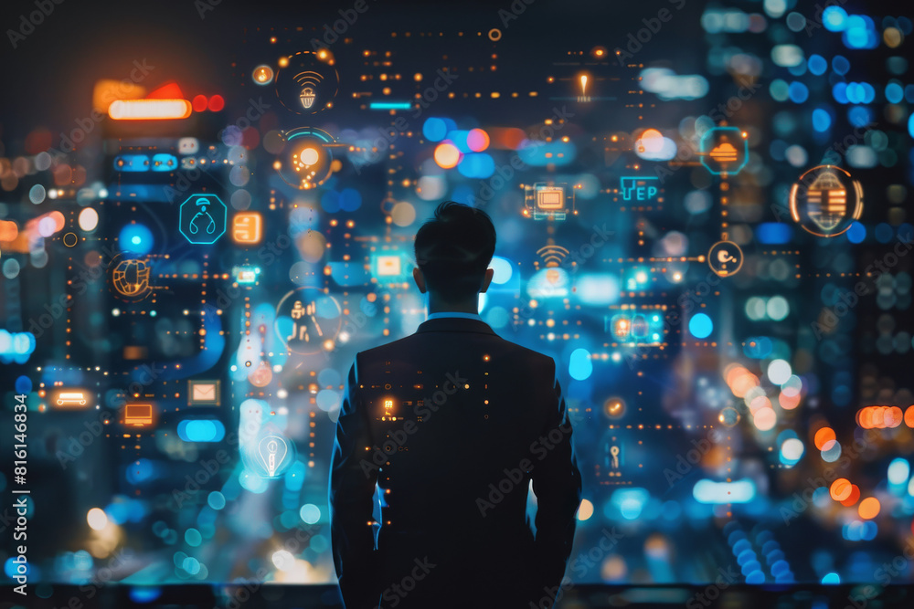 Poster a man in a suit looking at a screen that says ' eep ' on it