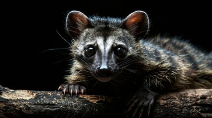 A stunning portrait of a civet on a nocturnal hunt, its eyes gleaming with focus against a dramatic black backdrop