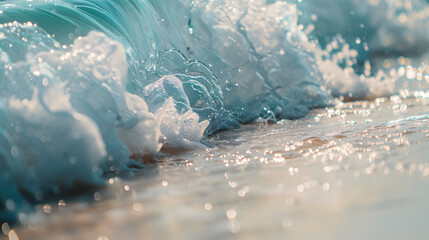 Wave on sand close up in tropical beach Ocean water background : Generative AI