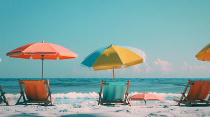 Beach Chairs umbrellas on the Ocean : Generative AI