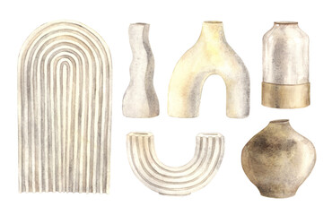 Set of antique plaster vases, stands and candlesticks. Watercolor set in a minimalist modern style. Set for interior, corporate identity of candles, decorations, flower arrangements, minimalist decor