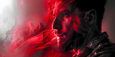 Fototapeta premium PTSD neural network image based on soldier inscription not real scene. Concept Deep Learning, Artificial Intelligence, PTSD, Soldier Inscription, Neural Networks