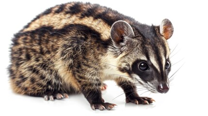 A charming image of a spotted genet with its head turned, showing its inquisitive nature in a studio setting, perfectly isolated on a white background
