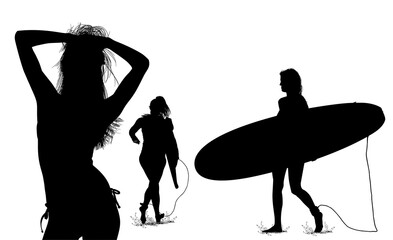 surfistas, contraluz, vector, tabla, surf, mar, atardecer, mujer surfista, silueta, tablista, ilustracion, arte surf, rosa, surfista en la playa, chica surf, mujer