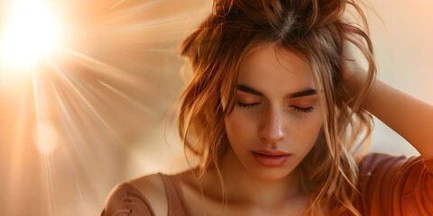 Young woman coping with a headache in the early morning. Concept Health Concerns, Lifestyle, Coping Mechanisms, Self-Care, Young Adulthood