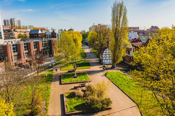 The Old Town in Gdańsk and parts of the Main Town seen from a drone. Spring in Gdańsk.