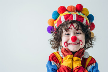 Fototapeta premium A jubilant boy in a clown costume, standing alone against a white background, devoid of surroundings. Concept of joy and playfulness. Generative Ai.