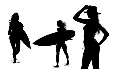 surfistas, contraluz, vector, tabla, surf, mar, atardecer, mujer surfista, silueta, tablista, ilustracion, arte surf, rosa, surfista en la playa, chica surf, mujer